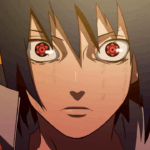 Ilustração de Sasuke Uchiha de Naruto Shippuden em close-up, com Sharingan ativado nos olhos, fundo degradê laranja e vermelho, expressão séria e determinada.
