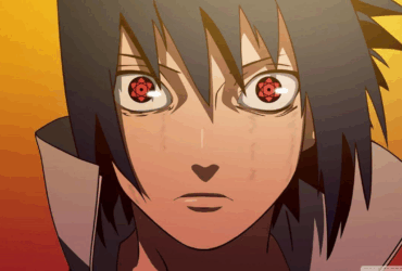 Ilustração de Sasuke Uchiha de Naruto Shippuden em close-up, com Sharingan ativado nos olhos, fundo degradê laranja e vermelho, expressão séria e determinada.