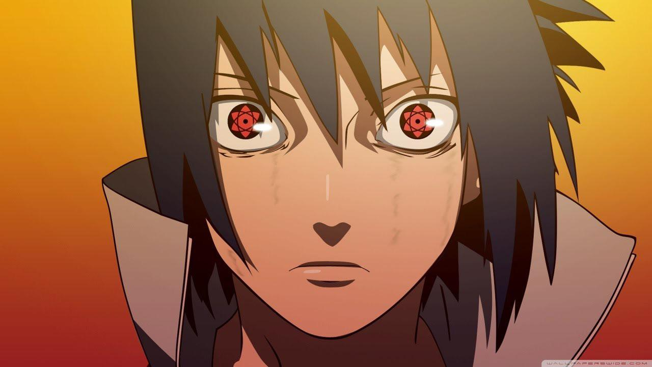 Ilustração de Sasuke Uchiha de Naruto Shippuden em close-up, com Sharingan ativado nos olhos, fundo degradê laranja e vermelho, expressão séria e determinada.