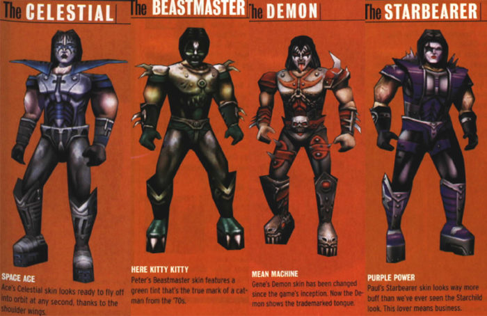 Personagens jogáveis inspirados nos integrantes do Kiss no game KISS: Psycho Circus – The Nightmare Child (2000).