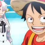 Luffy sorrindo ao lado de Uta em uma cena colorida de One Piece Film: Red, representando a amizade e a alegria que definem o anime.