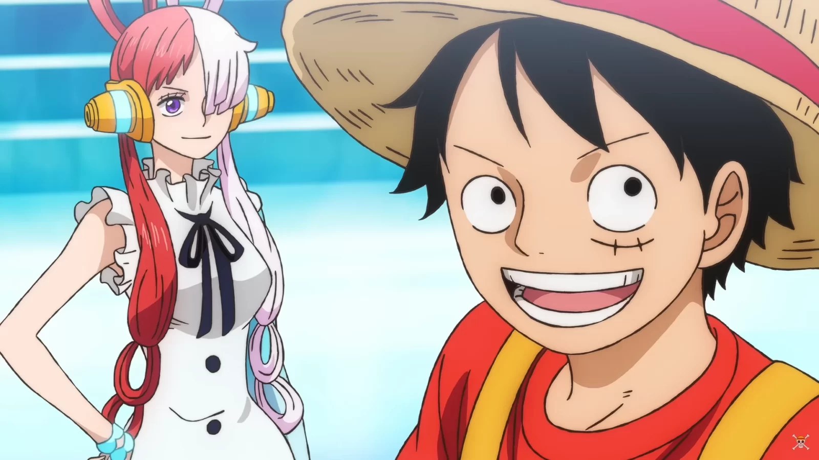Luffy sorrindo ao lado de Uta em uma cena colorida de One Piece Film: Red, representando a amizade e a alegria que definem o anime.