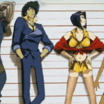 Elenco principal de Cowboy Bebop em estilo mugshot policial, mostrando Jet Black, Spike Spiegel, Faye Valentine e Edward, personagens do anime original dirigido por Shinichiro Watanabe