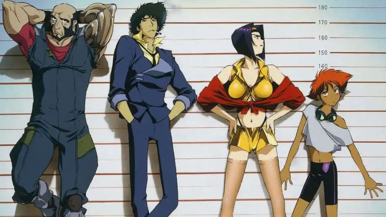 Elenco principal de Cowboy Bebop em estilo mugshot policial, mostrando Jet Black, Spike Spiegel, Faye Valentine e Edward, personagens do anime original dirigido por Shinichiro Watanabe