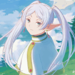 Frieren, elfa maga de cabelo prateado e olhos verdes, olhando para o horizonte em uma paisagem montanhosa de Frieren: Beyond Journey's End