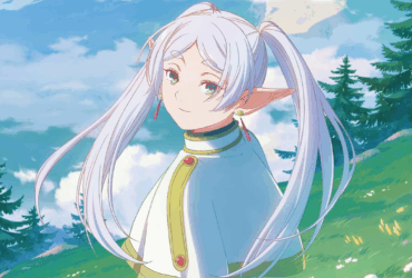 Frieren, elfa maga de cabelo prateado e olhos verdes, olhando para o horizonte em uma paisagem montanhosa de Frieren: Beyond Journey's End