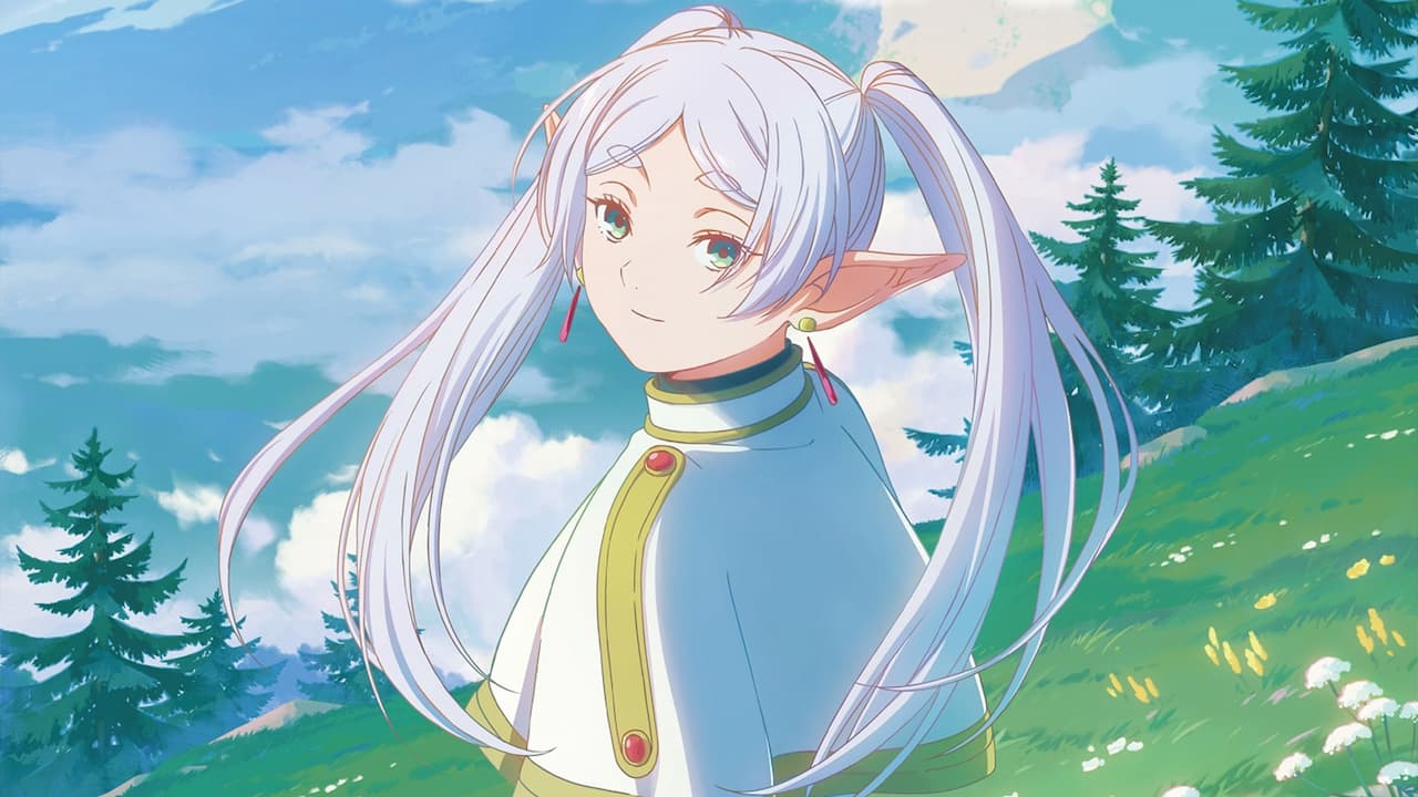 Frieren, elfa maga de cabelo prateado e olhos verdes, olhando para o horizonte em uma paisagem montanhosa de Frieren: Beyond Journey's End