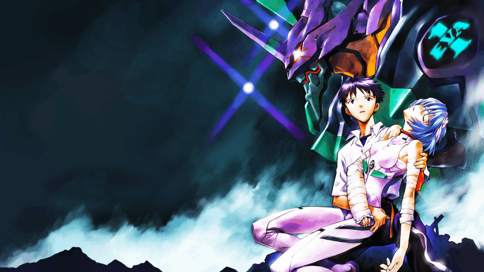 Shinji Ikari e Rei Ayanami sentados em primeiro plano com o robô gigante EVA-01 roxo ao fundo em arte oficial de Neon Genesis Evangelion