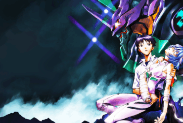 Shinji Ikari e Rei Ayanami sentados em primeiro plano com o robô gigante EVA-01 roxo ao fundo em arte oficial de Neon Genesis Evangelion