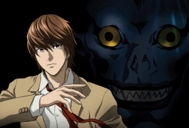 Light Yagami de terno bege ajustando a gravata com Ryuk, o Shinigami, ao fundo com olhos amarelos brilhantes e sorriso sinistro
