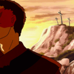 Zuko de Avatar A Lenda de Aang observando três cruzes em uma montanha ao pôr do sol, em cena que simboliza reflexão e redenção