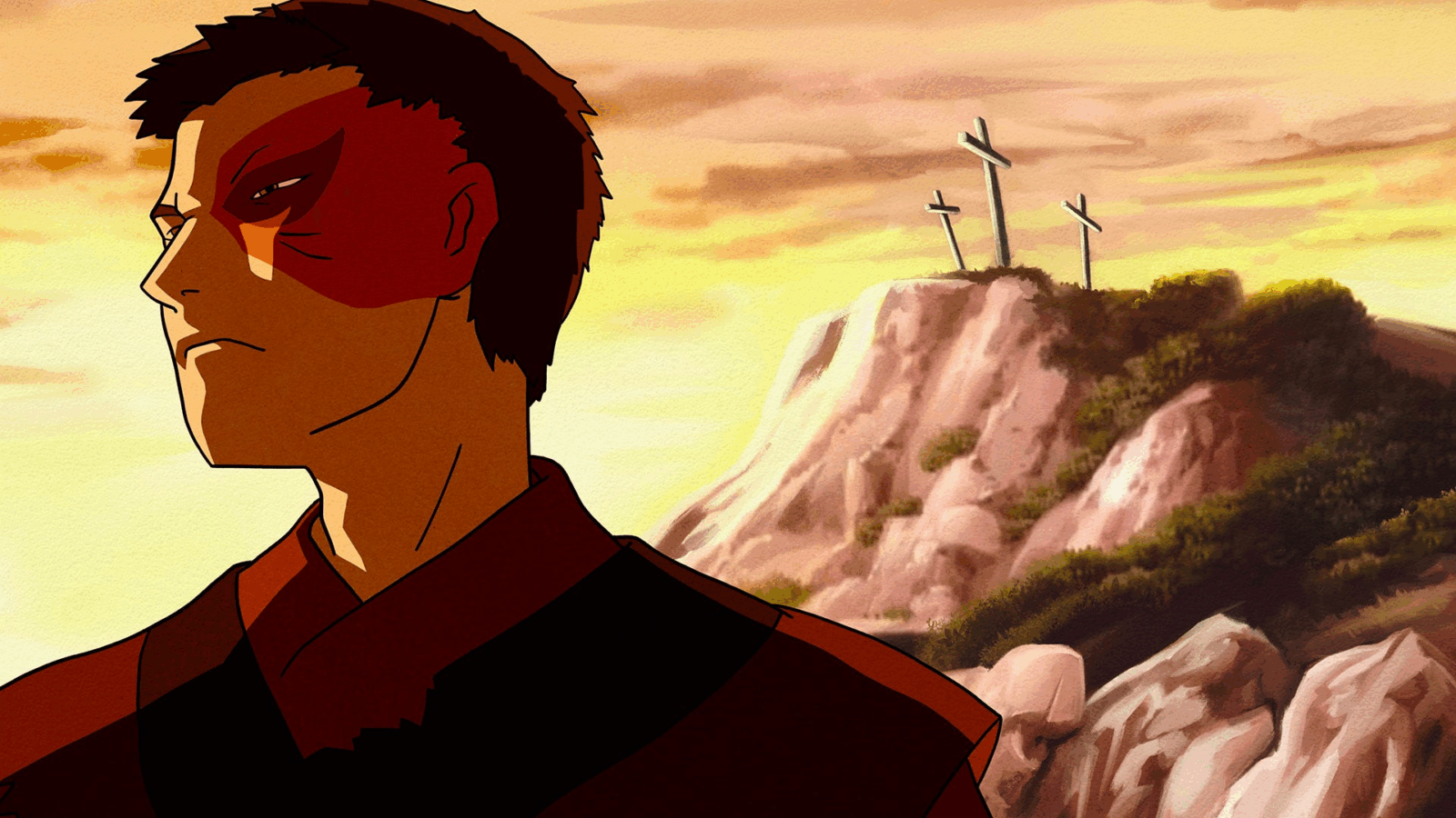 Zuko de Avatar A Lenda de Aang observando três cruzes em uma montanha ao pôr do sol, em cena que simboliza reflexão e redenção