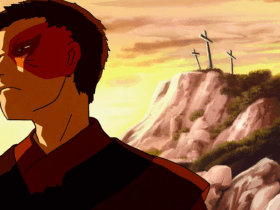 Zuko de Avatar A Lenda de Aang observando três cruzes em uma montanha ao pôr do sol, em cena que simboliza reflexão e redenção