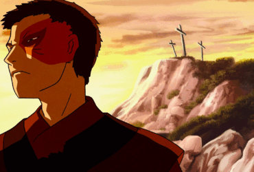 Zuko de Avatar A Lenda de Aang observando três cruzes em uma montanha ao pôr do sol, em cena que simboliza reflexão e redenção