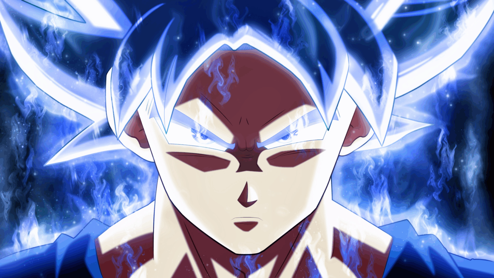 Goku com aura azul intensa na forma Ultra Instinct de Dragon Ball Super, usado como exemplo de personagem icônico mas superestimado narrativamente