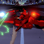 Kaneda pilotando moto vermelha em alta velocidade nas ruas de Neo-Tóquio no filme Akira (1988), com luzes neon verdes ao fundo e efeitos visuais revolucionários