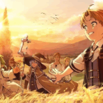 Grupo de personagens de anime em estilo isekai com roupas de aventureiros caminhando em campo dourado ao pôr do sol com castelo ao fundo, representando a jornada clássica do gênero