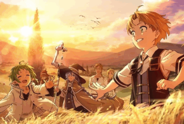 Grupo de personagens de anime em estilo isekai com roupas de aventureiros caminhando em campo dourado ao pôr do sol com castelo ao fundo, representando a jornada clássica do gênero