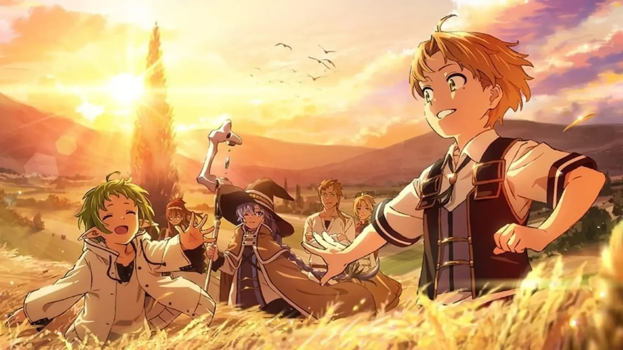 Grupo de personagens de anime em estilo isekai com roupas de aventureiros caminhando em campo dourado ao pôr do sol com castelo ao fundo, representando a jornada clássica do gênero