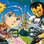 Arte promocional do anime Shurato mostrando Shurato, Gai, Lakshu e os Oito Guardiões em armaduras celestiais, estilo anime dos anos 80.