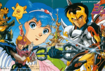 Arte promocional do anime Shurato mostrando Shurato, Gai, Lakshu e os Oito Guardiões em armaduras celestiais, estilo anime dos anos 80.