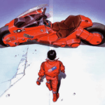 Kaneda caminhando em direção à sua icônica moto vermelha com logo da Supreme, da colaboração histórica entre a marca de streetwear e o anime Akira de 1988