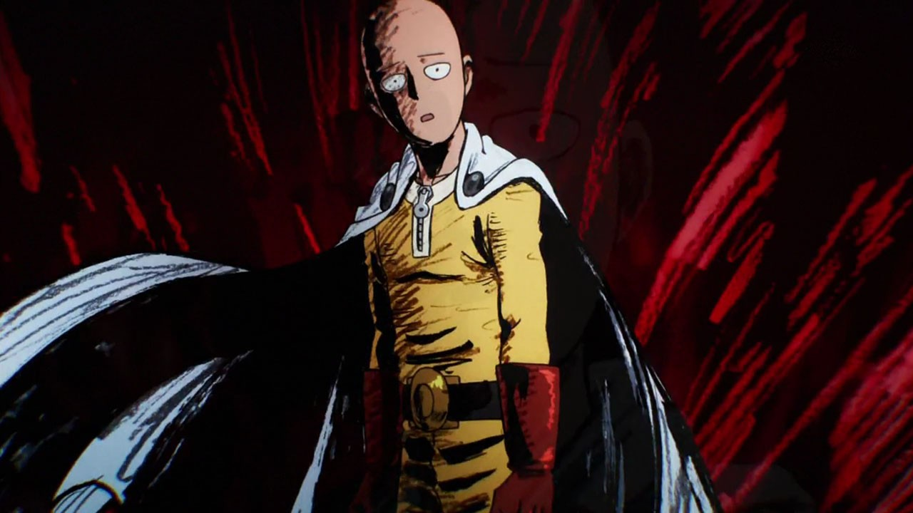 Imagem de Saitama, protagonista de One Punch Man, representando o contraste entre a opening épica "The Hero!!" e a ironia de um herói que venceu todos os desafios