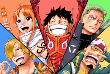 Ilustração colorida da tripulação do Chapéu de Palha de One Piece com Luffy ao centro de braços abertos, Nami, Zoro, Sanji e Usopp em volta, fundo com cores vibrantes em listras diagonais