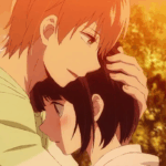 Hanabi Yasuraoka e Mugi Awaya de Scum's Wish em cena íntima com fundo dourado, representando relacionamento tóxico e dependência emocional no anime