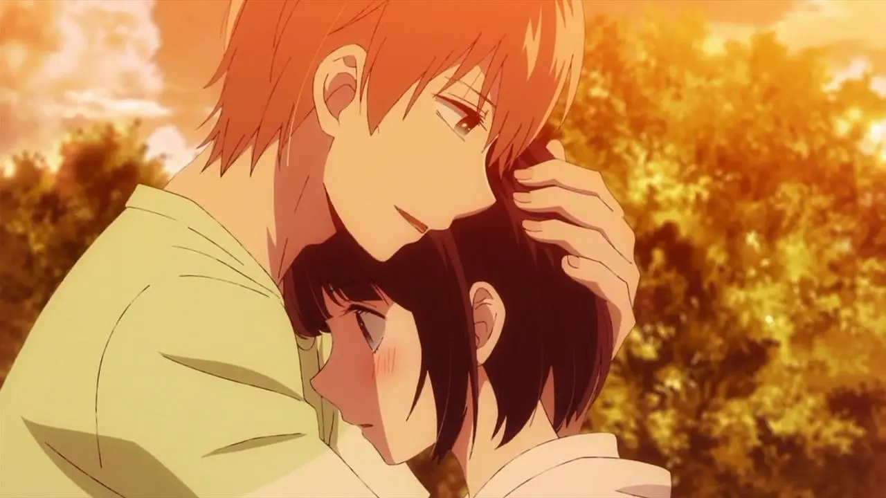 Hanabi Yasuraoka e Mugi Awaya de Scum's Wish em cena íntima com fundo dourado, representando relacionamento tóxico e dependência emocional no anime