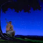 Guts de Berserk sentado sozinho embaixo de uma árvore à noite, olhando para o céu estrelado, com sua espada Dragonslayer nas costas, simbolizando a solidão e o peso emocional dos personagens de anime