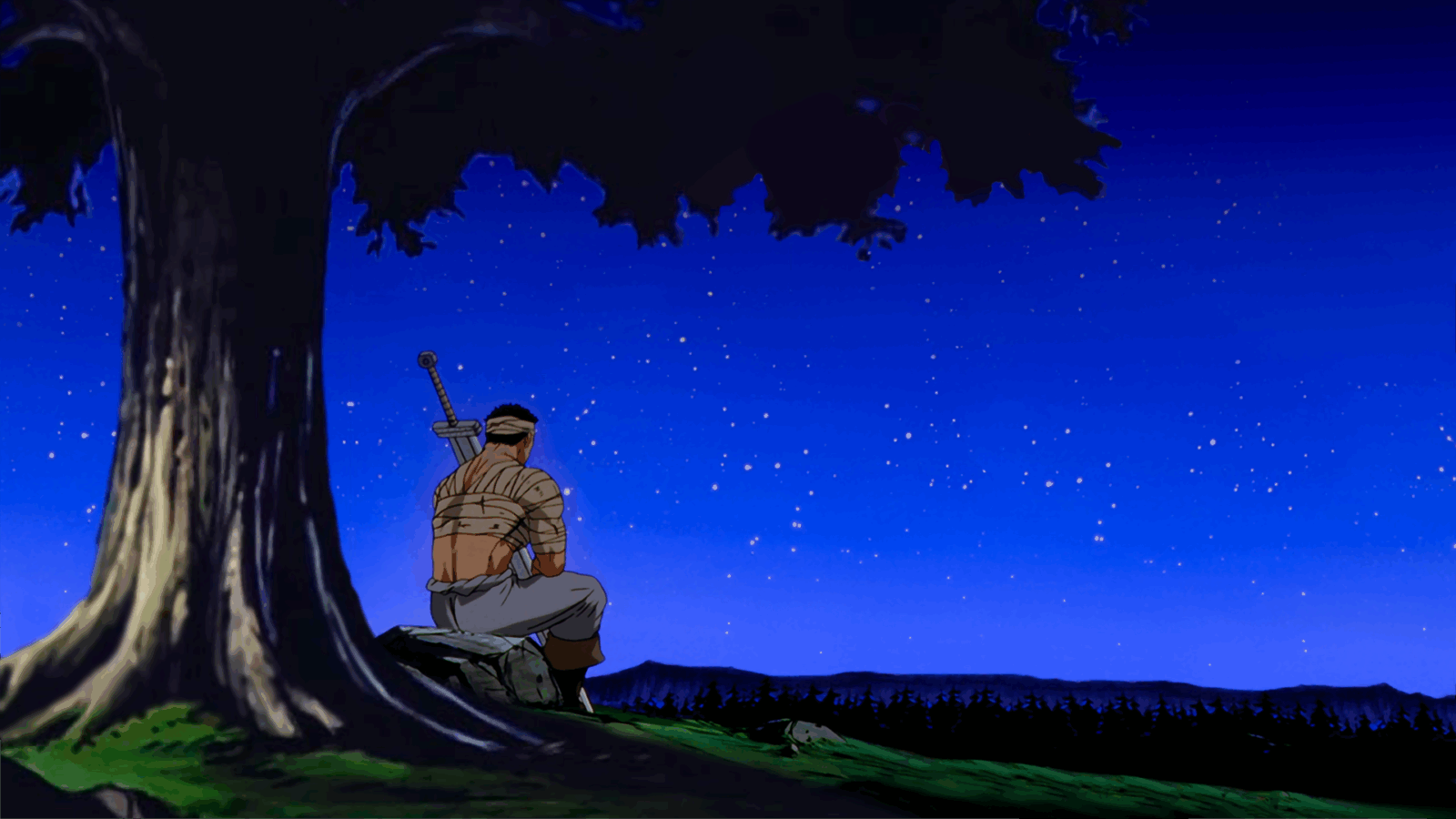 Guts de Berserk sentado sozinho embaixo de uma árvore à noite, olhando para o céu estrelado, com sua espada Dragonslayer nas costas, simbolizando a solidão e o peso emocional dos personagens de anime