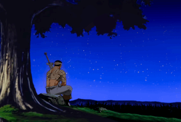 Guts de Berserk sentado sozinho embaixo de uma árvore à noite, olhando para o céu estrelado, com sua espada Dragonslayer nas costas, simbolizando a solidão e o peso emocional dos personagens de anime