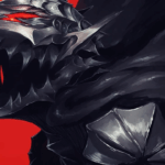 Ilustração de cavaleiro em armadura gótica dark fantasy com fundo vermelho, representando a influência visual de Berserk em jogos como Elden Ring e Dark Souls