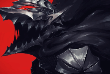Ilustração de cavaleiro em armadura gótica dark fantasy com fundo vermelho, representando a influência visual de Berserk em jogos como Elden Ring e Dark Souls