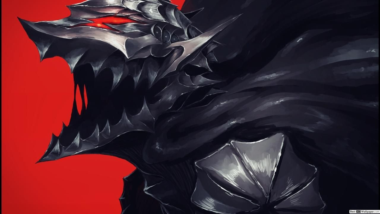 Ilustração de cavaleiro em armadura gótica dark fantasy com fundo vermelho, representando a influência visual de Berserk em jogos como Elden Ring e Dark Souls