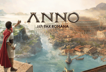 Arte oficial de Anno 117 Pax Romana mostrando a protagonista diante da cidade romana.