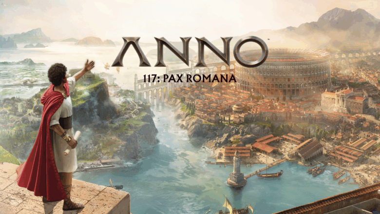 Arte oficial de Anno 117 Pax Romana mostrando a protagonista diante da cidade romana.