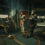 Grupo de personagens reunidos em uma nave, com trajes retrofuturistas distintos e um pequeno animal no chão, em cena de The Outer Worlds 2.