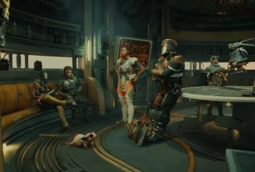 Grupo de personagens reunidos em uma nave, com trajes retrofuturistas distintos e um pequeno animal no chão, em cena de The Outer Worlds 2.