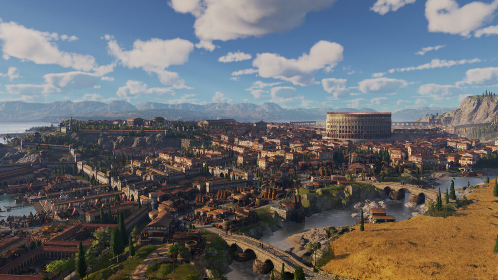 Vista ampla de uma grande cidade romana reconstruída em Anno 117.