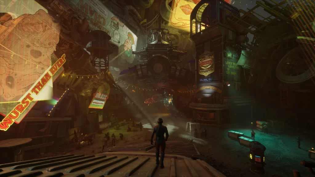 Personagem caminhando por uma rua repleta de letreiros de neon e propagandas retrofuturistas em um distrito urbano de Arcádia, no jogo The Outer Worlds 2.