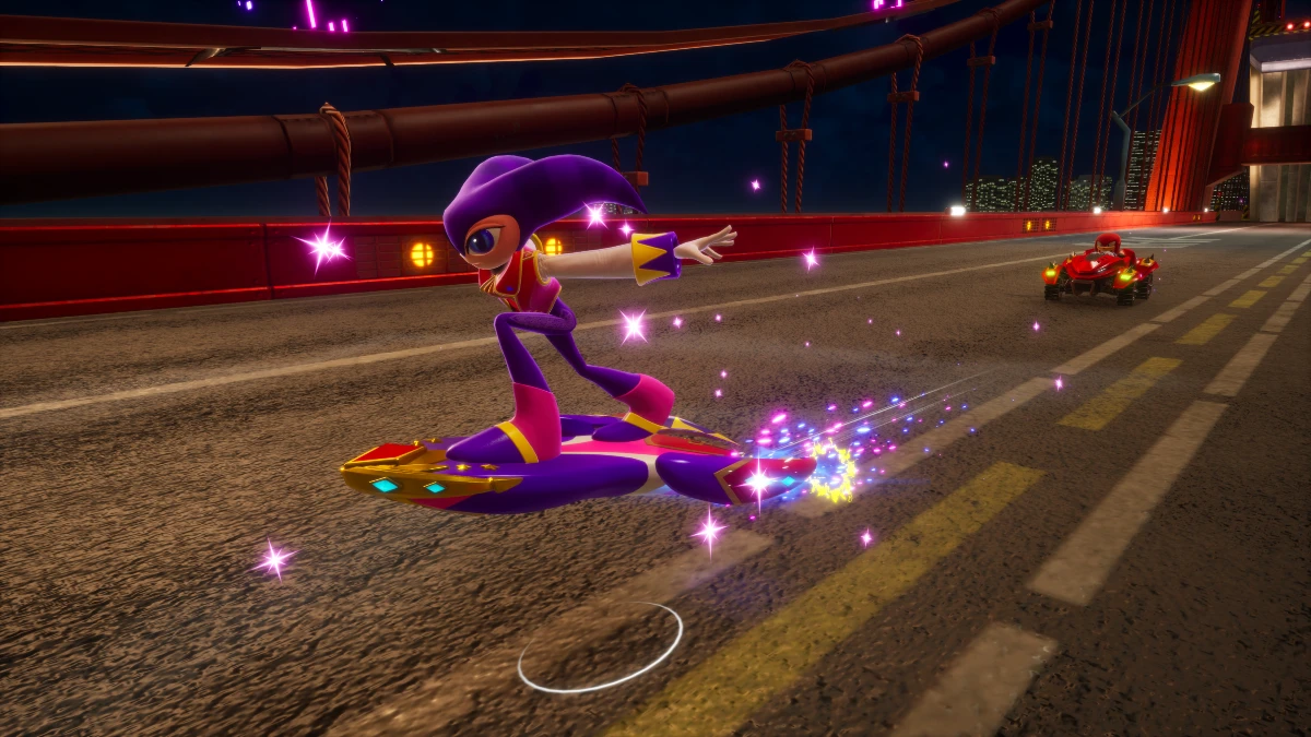 NiGHTS correndo em Sonic Racing CrossWorlds usando o veículo Dream Sleeper em pista noturna iluminada