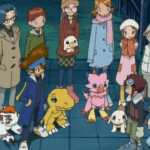 Cena do episódio de Natal de Digimon Adventure 02 mostrando os DigiEscolhidos (Davis, Yolei, Cody, Ken e TK) junto com seus parceiros Digimon em cenário natalino com neve, árvore decorada e atmosfera festiva durante batalha no DigiMundo