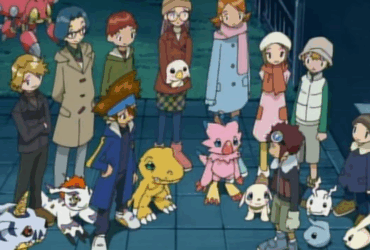 Cena do episódio de Natal de Digimon Adventure 02 mostrando os DigiEscolhidos (Davis, Yolei, Cody, Ken e TK) junto com seus parceiros Digimon em cenário natalino com neve, árvore decorada e atmosfera festiva durante batalha no DigiMundo