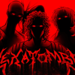 Cinco silhuetas misteriosas com olhos vermelhos em fundo vermelho sangue - os receptáculos de Ordem Paranormal Hexatombe, corpos sem memória habitados por jogadores que não sabem quem são