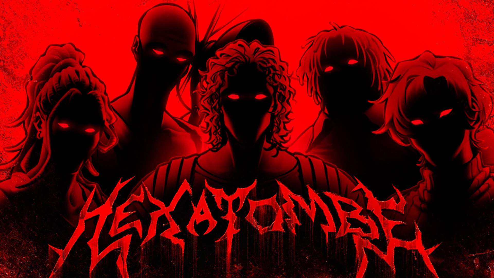 Cinco silhuetas misteriosas com olhos vermelhos em fundo vermelho sangue - os receptáculos de Ordem Paranormal Hexatombe, corpos sem memória habitados por jogadores que não sabem quem são