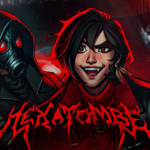 Arte oficial do episódio 2 de Ordem Paranormal: Hexatombe mostrando dois personagens encapuzados em frente ao logo da campanha em estilo metal band. À esquerda, figura mascarada com olhos vermelhos brilhantes e capuz preto. À direita, personagem sorridente com capuz vermelho. Fundo com multidão em silhueta e atmosfera vermelha de clube underground ritual.