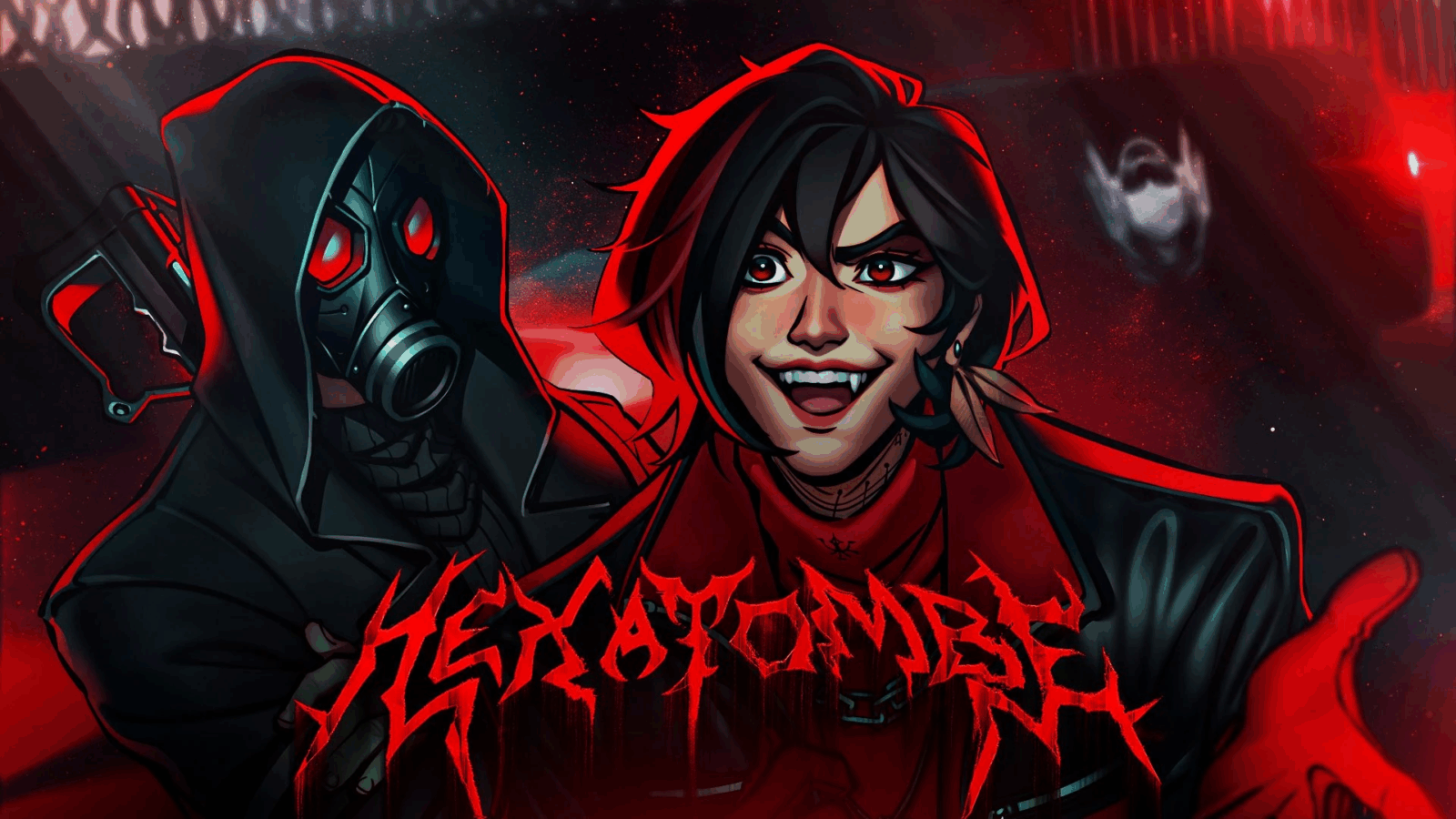 Arte oficial do episódio 2 de Ordem Paranormal: Hexatombe mostrando dois personagens encapuzados em frente ao logo da campanha em estilo metal band. À esquerda, figura mascarada com olhos vermelhos brilhantes e capuz preto. À direita, personagem sorridente com capuz vermelho. Fundo com multidão em silhueta e atmosfera vermelha de clube underground ritual.