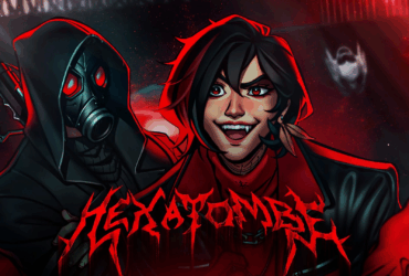 Arte oficial do episódio 2 de Ordem Paranormal: Hexatombe mostrando dois personagens encapuzados em frente ao logo da campanha em estilo metal band. À esquerda, figura mascarada com olhos vermelhos brilhantes e capuz preto. À direita, personagem sorridente com capuz vermelho. Fundo com multidão em silhueta e atmosfera vermelha de clube underground ritual.